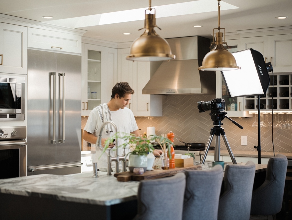 Behind the scenes — filming a cooking video in a bright home kitchen
